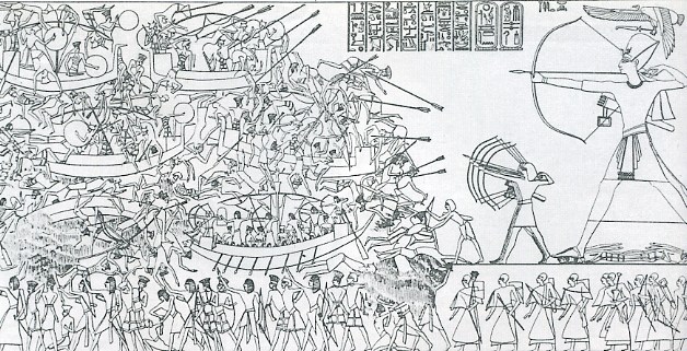 This famous scene from the north wall of Medinet Habu is often used to illustrate the Egyptian campaign against the Sea Peoples in what has come to be known as the Battle of the Delta.
