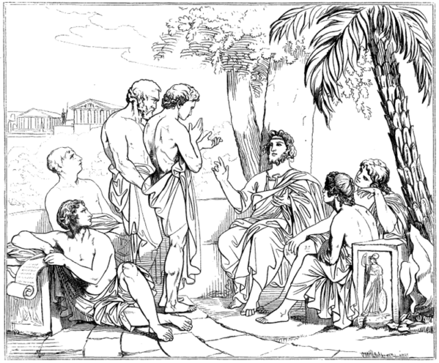 Plato in his academy, drawing after a painting by Swedish painter Carl Johan Wahlbom.