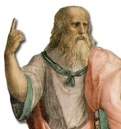 Plato, a detail of The School of Athens. Plato holds his Timaeus and gestures to the heavens, representing his belief in The Forms.