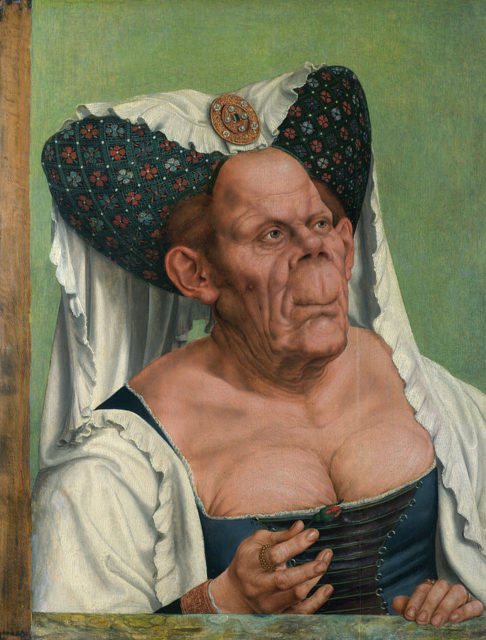 The Ugly Duchess. Quentin Matsys’ best-known painting, circa 1513. She wears the aristocratic horned headdress of her youth, out of fashion by the time of the painting. The unbloomed bud in her right hand symbolizes that she is trying to attract a suitor in vain. The painting is in oil on an oak panel and measures 62.4 by 45.5 cm.