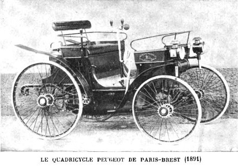 The quadricycle Peugeot Type 3 of Paris-Brest-Paris in 1891, piloted by Louis Rigoulot, engineer, and Auguste Doriot, foreman