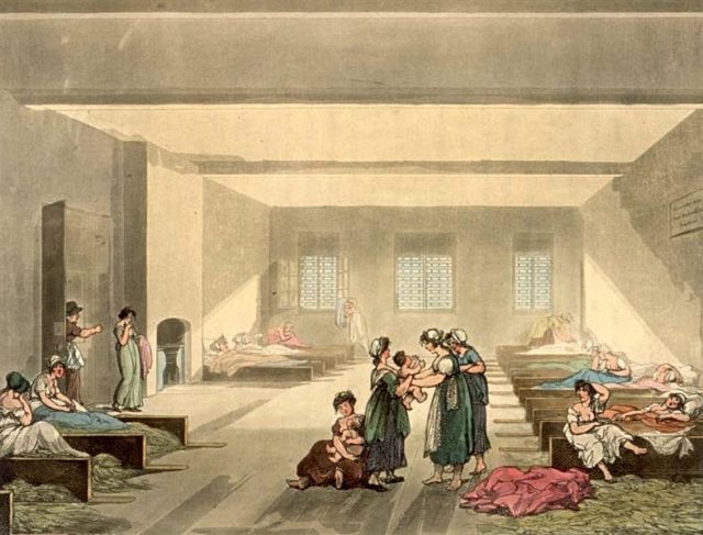 The Pass Room at Bridewell, c. 1808. At this time paupers from outside London apprehended by the authorities could be imprisoned for seven days before being sent back to their own parish.