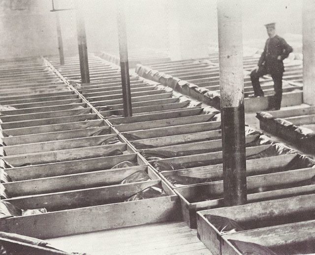 These rows of “coffins” were the men’s sleeping quarters in London’s Burne Street hostel. Circa 1900.