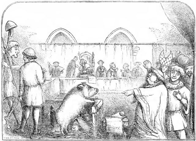 Illustration from Chambers Book of Days depicting a sow and her piglets being tried for the murder of a child. The trial allegedly took place in 1457, the mother being found guilty and the piglets acquitted