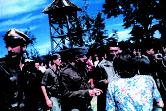 Joint US/Chetnik military ceremony in Pranjani September 6, 1944. Capt. Nick Lalich (OSS Halyard Mission), Gen. Dragoljub Mihailovic (Yugoslav Army in the Homeland), and Col. Robert McDowell (OSS Ranger Mission). Photo Credit