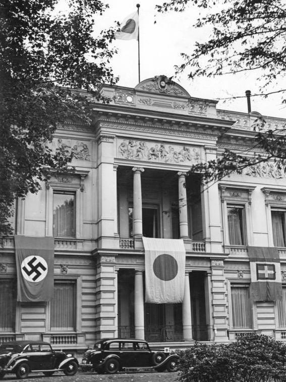 The Japanese embassy in Berlin, clad in the banners of the three signatories of the Tripartite Pact in September 1940  Photo Credit