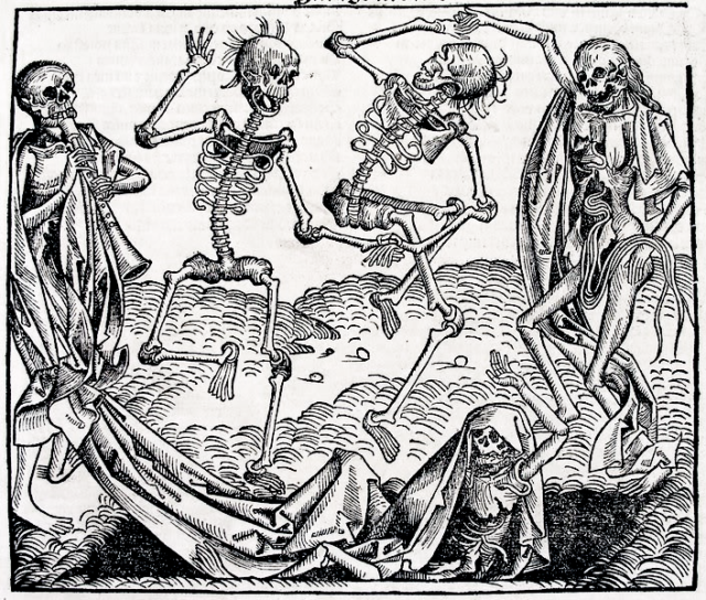 Inspired by the Black Death, The Dance of Death or Danse Macabre, an allegory on the universality of death, was a common painting motif in the late medieval period.