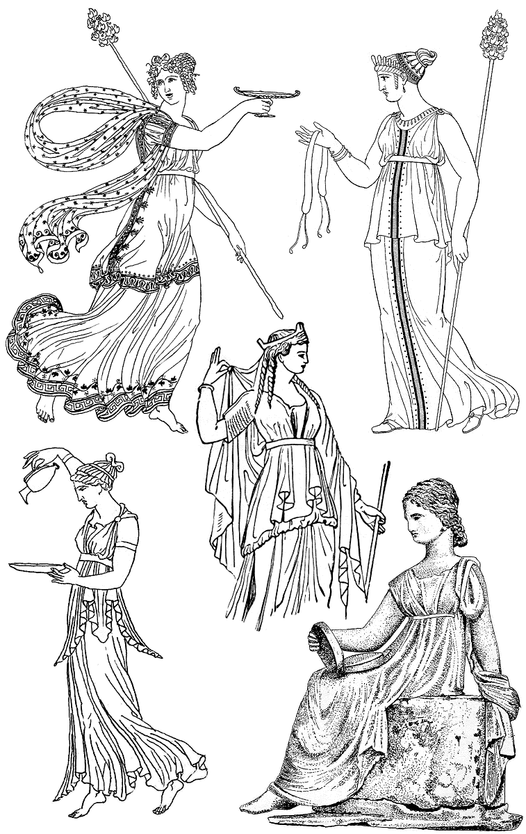 Depictions of ancient Greek women’s attire of the type that strongly influenced late 1790’s clothing styles (especially in Paris). Five women are shown with a belt around the outside of their garments worn fairly high