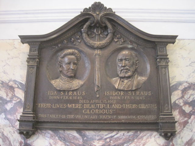 The Ida and Isidor Straus Memorial Plaque mounted in the Manhattan Macy’s. Photo credit
