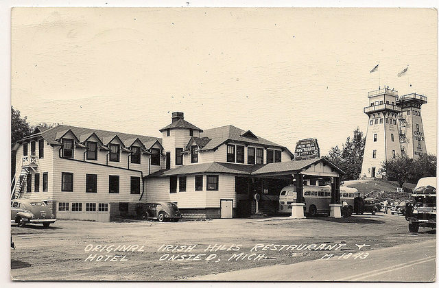 Irish Hills Towers, restaurant, and hotel, Onsted, Michigan — rppc, postmarked 1949. Photo Credit
