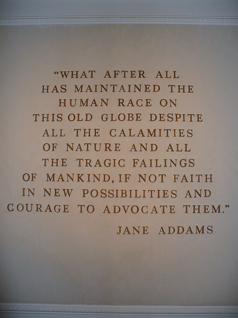A wall-mounted quote by Jane Addams in The American Adventure (Epcot), in the World Showcase pavilion of Walt Disney World’s Epcot.