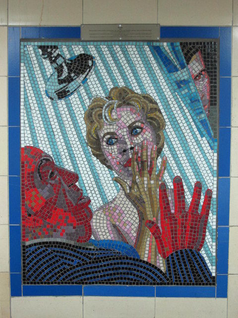 Psycho mosaic honoring the famous shower scene in the Hitchcock Gallery at Leytonstone tube station in London. Photo Credit