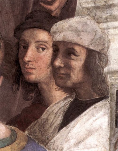 Self-portrait, Raphael in the background, from The School of Athens.