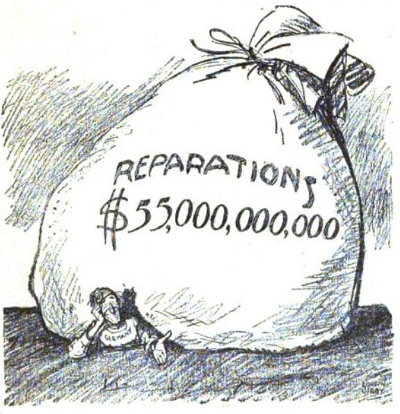 American contemporary view of German World War I reparations. Political cartoon, 1921