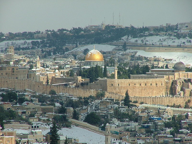 View from the Sherover Promenade overlooking the old city of Jerusalem during the snowfall of the 2013 cold snap. Photo Credit