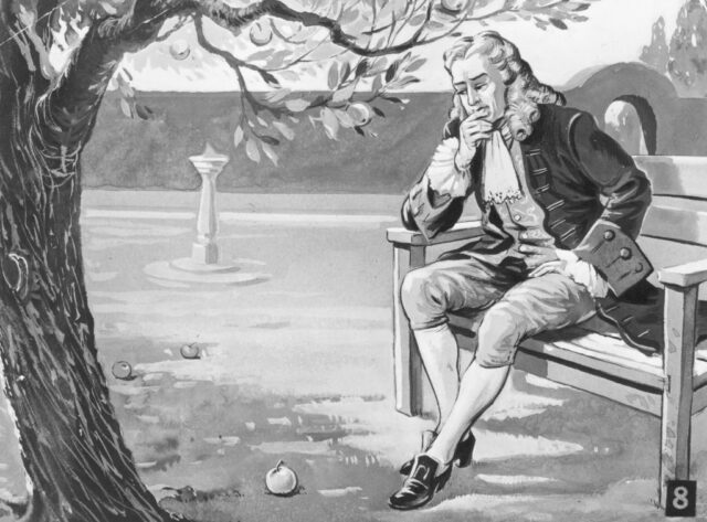 Illustration of Isaac Newton looking at an apple on the ground