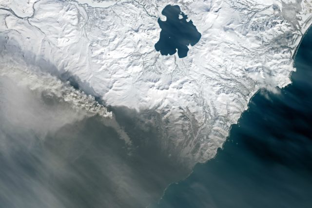 The ash-covered area around the volcano is visible in this image made by the NASA Earth Observatory