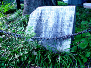 Plaque at the site, weathered by exposure. The stone faintly details a passage from William H. Jackson’s deed to the tree. Photo Credit