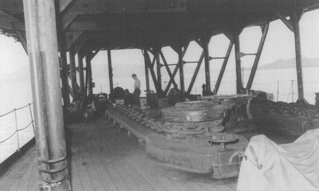 A view of the underside of Hōshō’s narrow flight deck looking from the forecastle forward. Photographed in October 1945