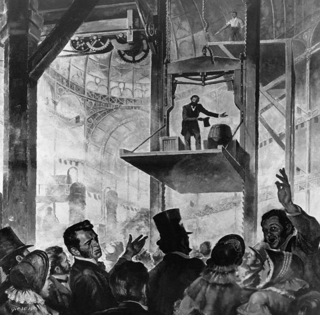 Elisha Otis demonstrating his safety system, Crystal Palace, 1853.