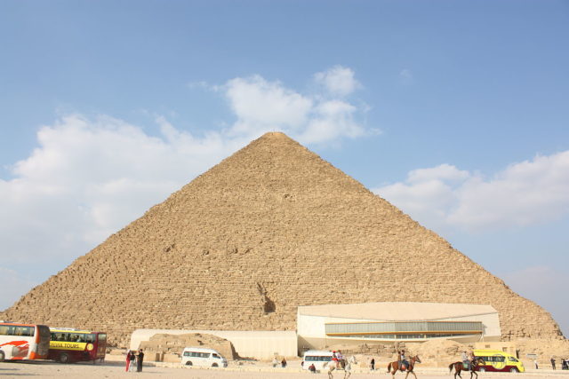 The Great Pyramid of Giza at the south end along with the Solar boat museum, photo credit