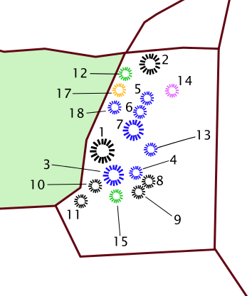 Mound 17 (orange), Mound 14 (purple), inhumations (green), and cremation graves (blue) at Sutton Hoo Photo Credit