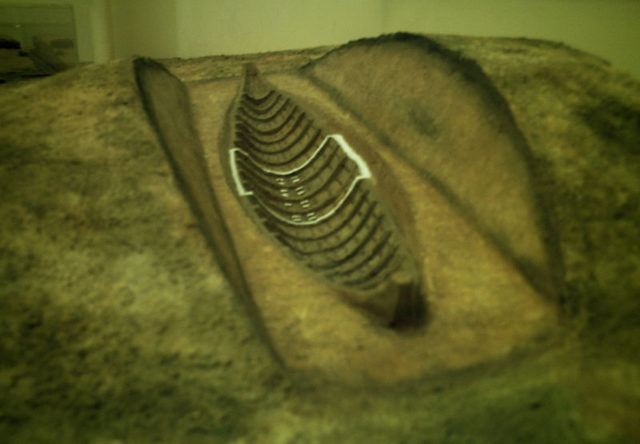 Model of the ship’s structure as it might have appeared, with chamber area outlined Photo Credit