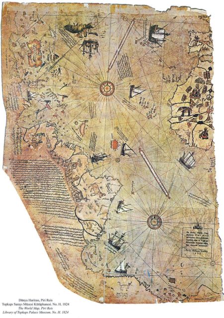 Surviving fragment of the Piri Reis map showing the Central and South American coast. The appended notes say “the map of the western lands drawn by Columbus”
