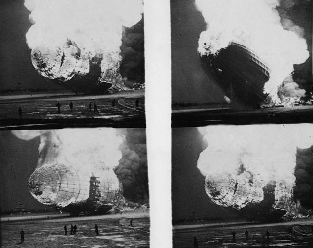 Hindenburg disaster sequence from the Pathé Newsreel, showing the bow nearing the ground.