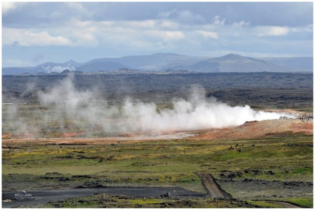 Stretching over the southwestern part of the Reykjanes Peninsula, lies the highly active Gunnuhver geothermal area of mud pools and steam vents. Today, steam rises up from the natural boiling water in the mud pools, with the largest pool stretching over 20 meters wide inside a rim of mud. Photo Credit