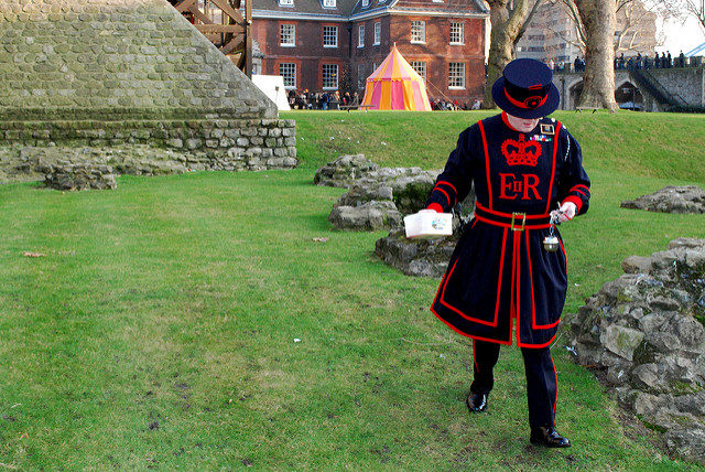 One of the Beefeaters feeding the Ravens. They eat 170g of raw meat a day, plus bird biscuits soaked in blood