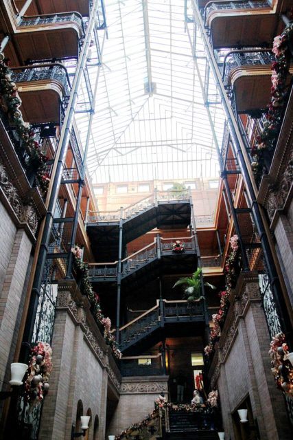 Atrium interior with skylight, Central Court of the Bradbury Building, Downtown Los Angeles. Photo Credit