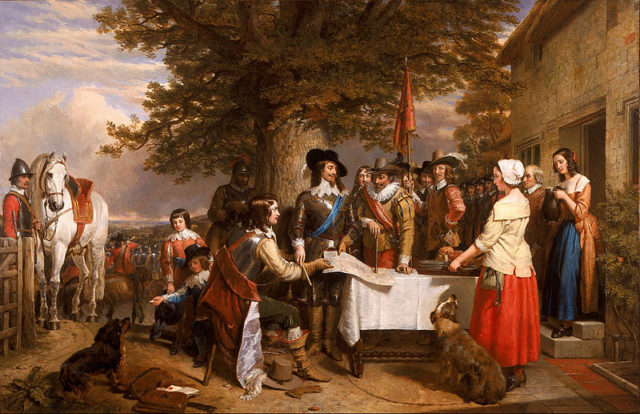 Charles I holding a council of war at Edgecote on the day before the Battle of Edgehill; Rupert, who would command the King’s cavalry during the battle, is seated at the table
