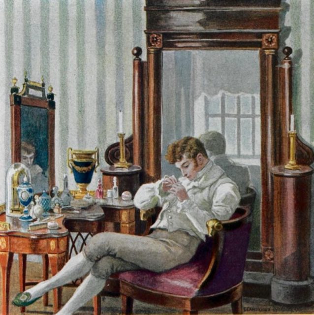 A superfluous man (Eugene Onegin) idly polishing his fingernails. Illustration by Elena Samokysh-Sudkovskaya, 1908
