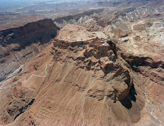Aerial view showing Masada and the Snake Path Photo Credit