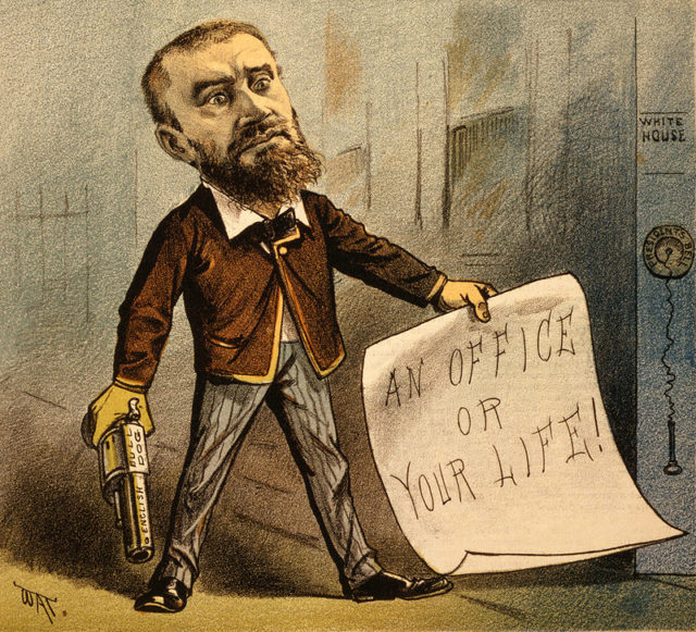1881 political cartoon showing Guiteau holding a gun and a note that says “An office or your life!” The caption for the cartoon reads “Model Office Seeker”.
