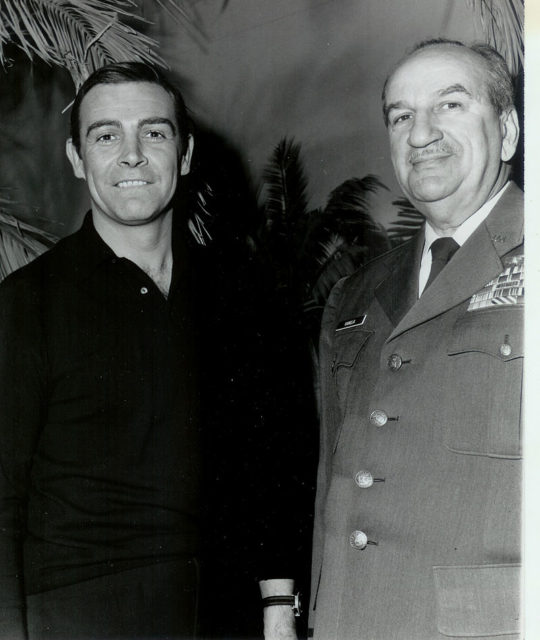 Retired Lt. Col. Charles Russhon, the military adviser to the James Bond films in the ‘60s and ‘70s, poses with Sean Connery during the production of “Thunderball.”
