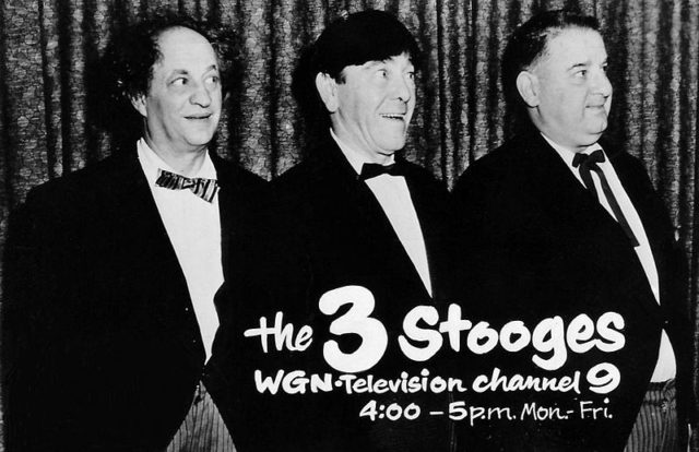 Larry, Moe, and Curly Joe in a 1962 TV ad promoting their earlier short subjects, though DeRita never appeared in any.