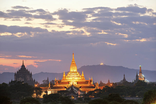 Ananda pahto was damaged in the earthquake of 1975, but it has been fully restored and now still lights the sky over Bagan Photo Credit