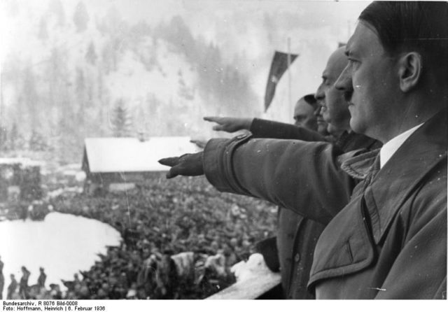 Adolf Hitler giving a speech at the opening ceremony of the 1936 Winter Olympics in Garmisch-Partenkirchen Photo Credit