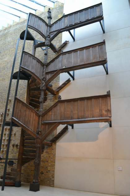 The timber-framed houses in Morlaix, France, were constructed around a central staircase with wooden bridges leading to the rooms