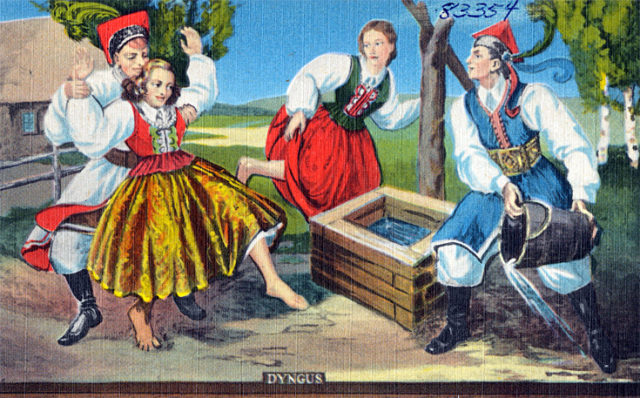An illustration of a girl being soaked during śmigus-dyngus / Image credit