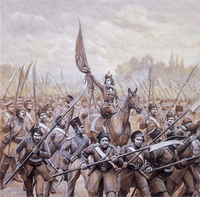 Emilia Plater leading peasant scythemen in 1831, by Jan Rosen