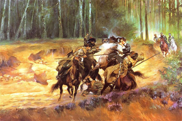 Emilia Plater in a skirmish at Szawle. Painting by Wojciech Kossak, oil on canvas
