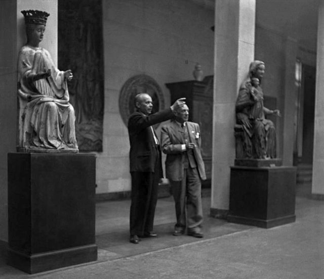 Stanisław Lorentz guides Pablo Picasso through the National Museum in Warsaw in Poland during exhibition Contemporary French Painters and Pablo Picasso’s Ceramics, 1948. Picasso gave Warsaw’s museum over a dozen of his ceramics, drawings and color prints.