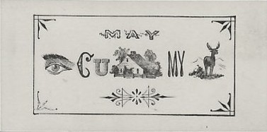 A rebus-style “escort card” from around 1865, to be read as “May I see you home my dear?”