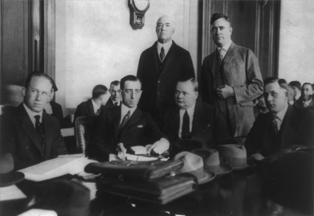 Arbuckle and his defense lawyers at the first trial, November 1921.