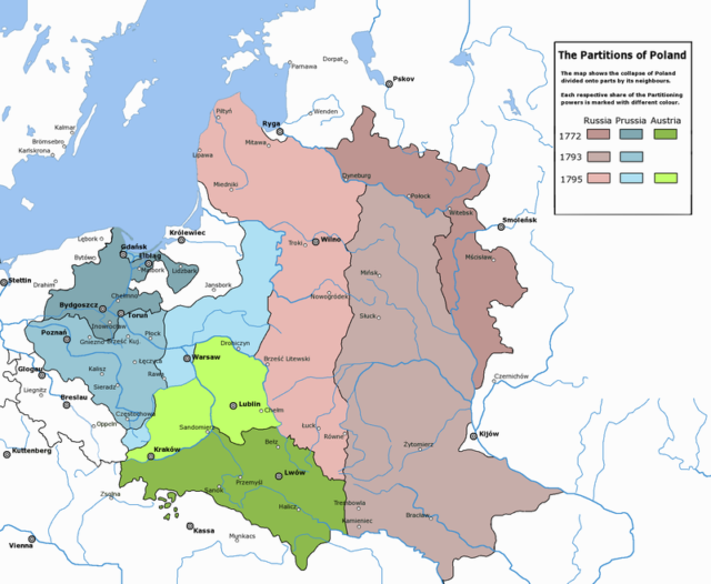 The three partitions of Poland (the Polish–Lithuanian Commonwealth). The Russian Partition (Red), the Austrian Partition (green), and the Prussian Partition (blue) Photo Credit