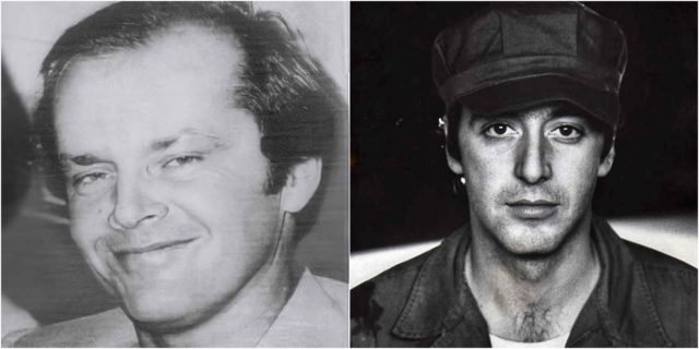 Left: Press photo of Jack Nicholson after being nominated for an Academy Award for One Flew Over the Cuckoo’s Nest. Right: Al Pacino (pictured above in The Basic Training of Pavlo Hummel) was chosen to portray Michael Corleone.