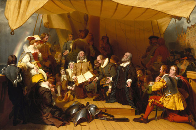 The Embarkation of the Pilgrims (1857) by American painter Robert Walter Weir at the United States Capitol in Washington, DC. Photo Credit